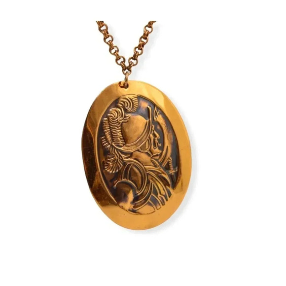 Mid Century Modern Copper Knight Pendant Necklace Vintage Double Link Chain - Picture 1 of 5